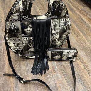 Black‎ and White Magazine Print Handbag and Wallet Set